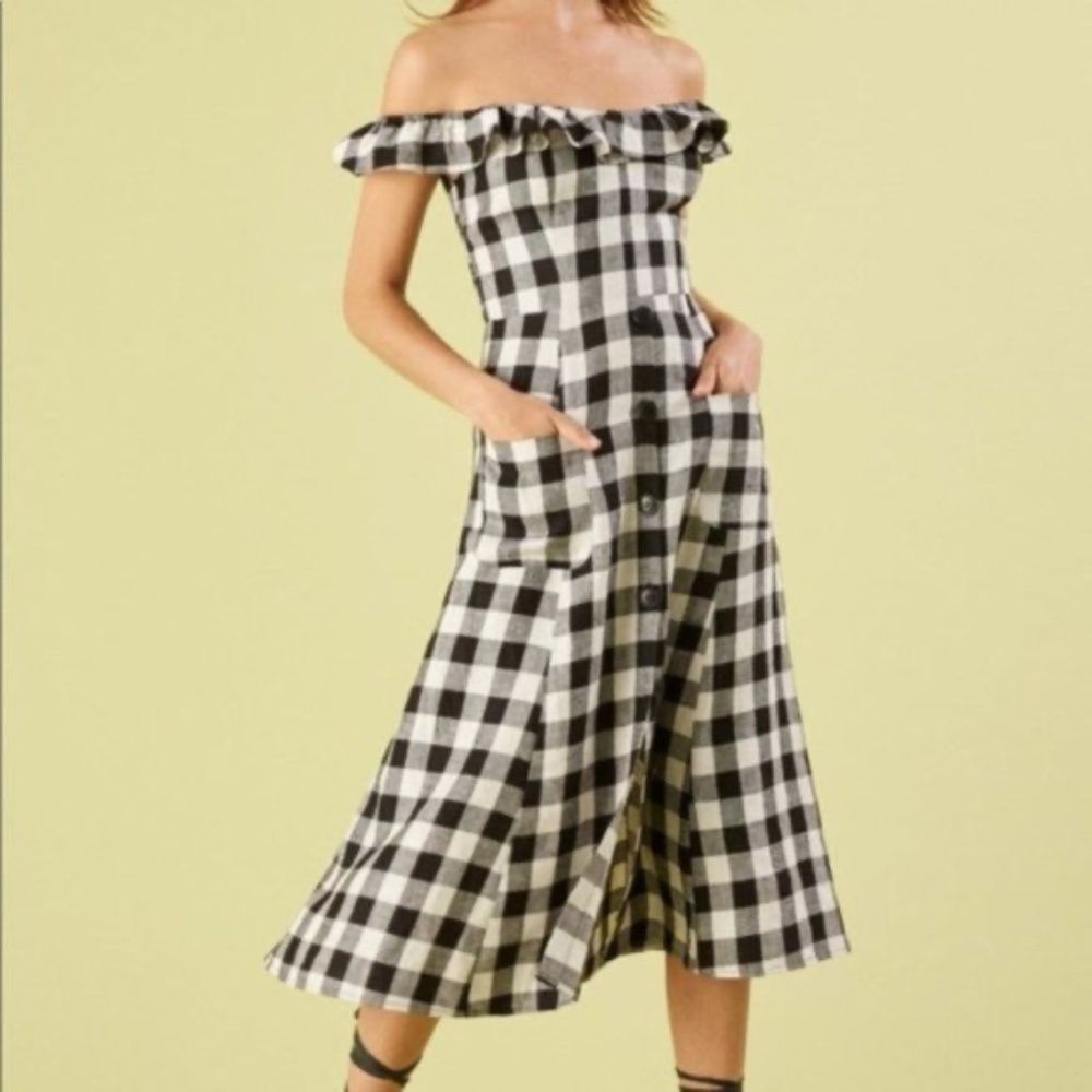 Reformation Dress “Plaid Hattie Black White Fit & Flare MIDI Dress Sz 2 Nwot